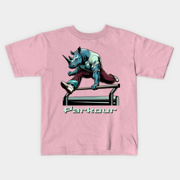 Dynamic Rhino Parkour Digital Art - Wildlife Parkour Kids T-Shirt by TimeWarpWildlife